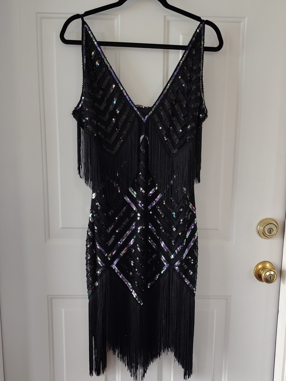 NWT Black Sequin Tassel Fringe V-Neck Flapper 1920's Party Dress